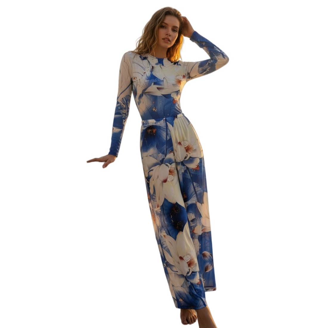 Womens Long Sleeve Printed Mesh Swimsuit with Pants 2 Piece Beach Bathing Suit